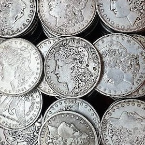 Pu&ograve; includere: Una collezione di dollari d'argento Morgan e Peace, con il profilo di Lady Liberty su ogni moneta. Le monete sono disposte in una griglia, con alcune impilate l'una sull'altra.