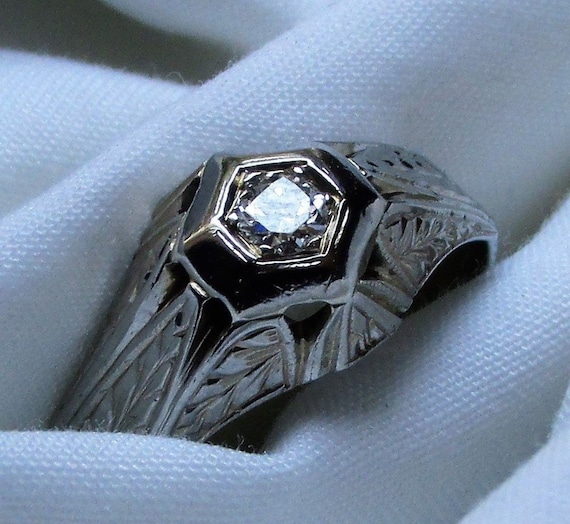 Antique 20K White Gold Diamond Ring 1920's Filigr… - image 1