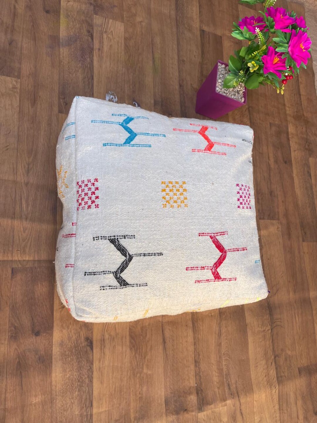 Moroccan Wool Pouf With Colorful Dots – Boho Rainbow Ottoman – Fun ...