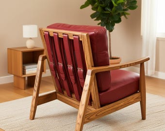 Handgefertigter Mid Century Armlehnstuhl, Eiche Massivleder Lounge Chair