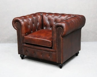 Vintage Chesterfield Leather Armchair, Tufted Club Chair, Nailhead Trim Furniture