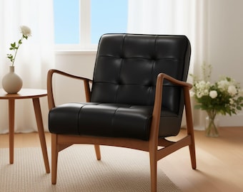 Minimalist Armchair, Black Leather Chair, Scandinavian Wood Lounge Chair, Handmade Modern Furniture