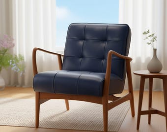 Poltrona in pelle blu realizzata a mano, seduta lounge in legno di noce in stile metà secolo