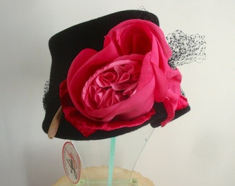 NOS Dressy Mr. John Jr. Black Hat w. Rose Flower Netting Vintage