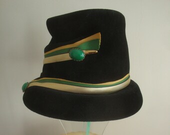 1940s 1950s Black Hat Green Gold Ribbon Cabochon Hatpin Emma Sieber Vintage