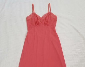 Vintage Coral Watermelon Pink Lace Slip Dress 1960s