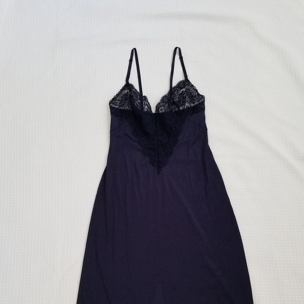 Vintage Midnight Navy Blue Lace Sweetheart Slip Dress 1980s