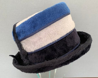 1960s Vintage Ladies Hat Blue Stripe Bands in Brushed Wool