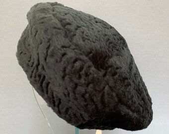 Vintage Black Tam Pillbox Hat in Curly Lamb Faux Fur