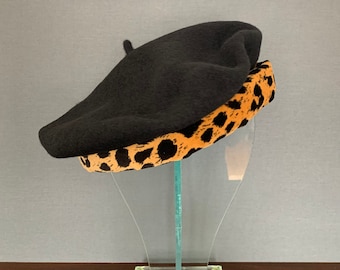 Vintage Black Wool Tam Beret Hat with Leopard Trim