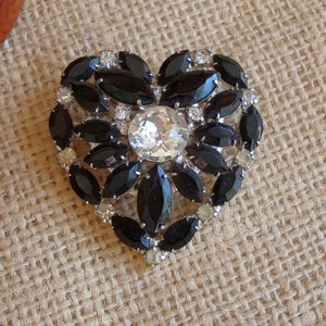 Vintage Rhinestone Heart Brooch Black and Crystal