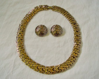 Vintage Modernist Short Gold Omega Necklace Choker & Earrings