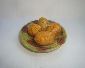 Miniature Antique Majolica Plate With Nuts Trompe l'Oeil Miniature