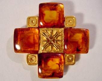 Vintage Midcentury Maltese Cross Brooch Topaz Tortoiseshell Gold