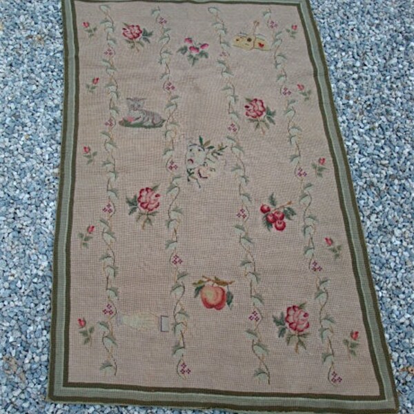 RESERVED for Lena: vintage Needlepoint Rug w Petitpoint, Handmade Folk Art SAMPLER Motif