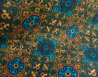 Vintage Cotton Canvas Fabric, Arabesque Geometric Foulard Turquoise Gold Green