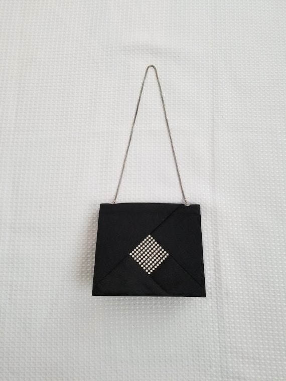 Boxy Evening Handbag Black Satin Rhinestone Vintag