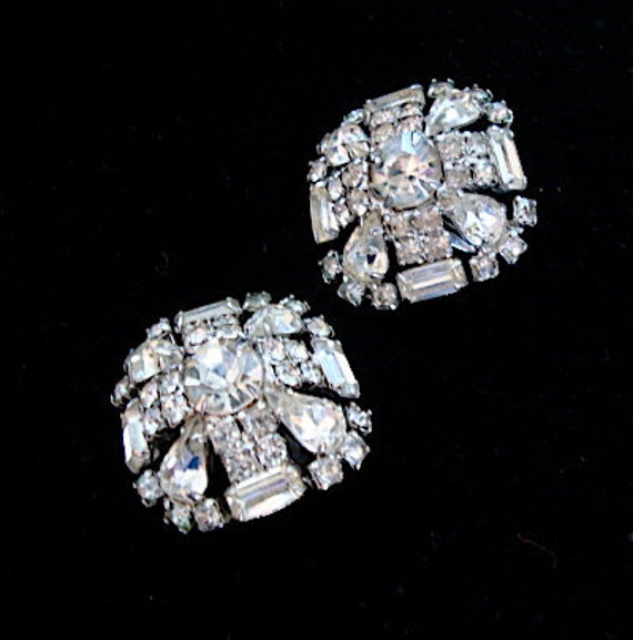 1950s Domed Square Rhinestone Earrings Clip-on, We