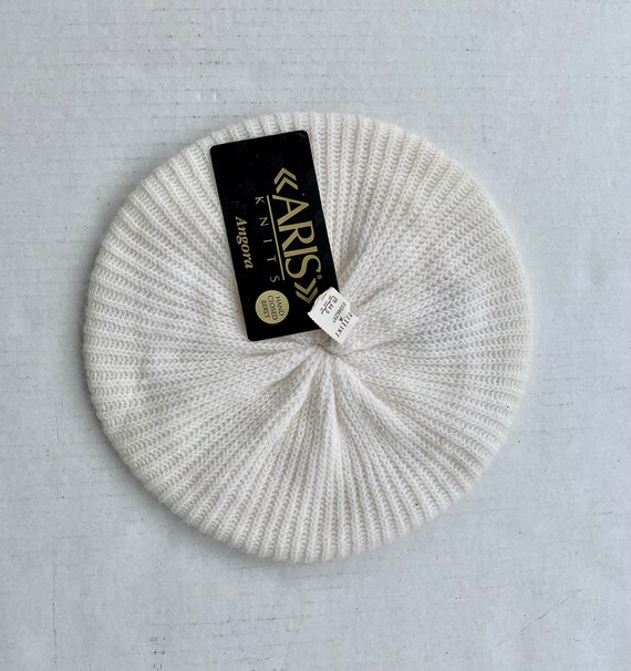 Ivory Angora Wool Knit Beret Hat, vintage with Ta… - image 1