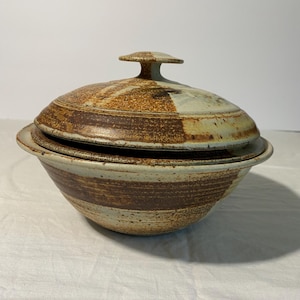 May include: A ceramic lidded bowl with a rustic design. The bowl and lid are primarily brown and tan with a textured, earthy appearance. The lid has a small handle. The bowl is likely used for serving or storage.