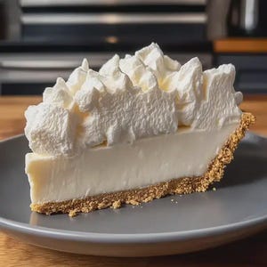 May include: A slice of key lime pie on a grey plate. The pie has a biscuit base, a creamy white filling, and is topped with whipped cream. The pie is set against a kitchen backdrop. The pie is a dessert.