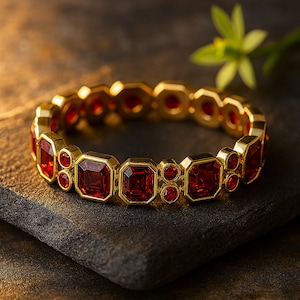 May include: A gold bracelet featuring alternating large and small red gemstones. The bracelet's design includes square and round-cut stones set in a gold metal frame, creating a luxurious and eye-catching accessory.