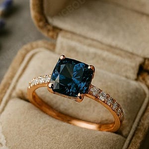 Può includere: Un anello d'oro con una grande pietra preziosa quadrata blu scuro è esposto all'interno di un portagioie di velluto. La fascia dell'anello è anch'essa dorata ed è incastonata con piccole pietre preziose trasparenti. Il portagioie è aperto, rivelando un interno beige chiaro.