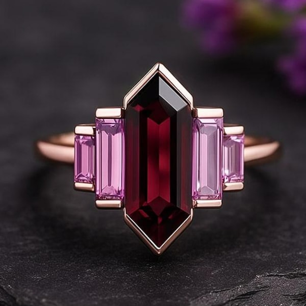 Garnet Hexagon and Pink Sapphire Baguette Ring Solid Gold or Silver, Art Deco Statement Ring, Fine Jewellery Gift for Her, Gemstone Ring