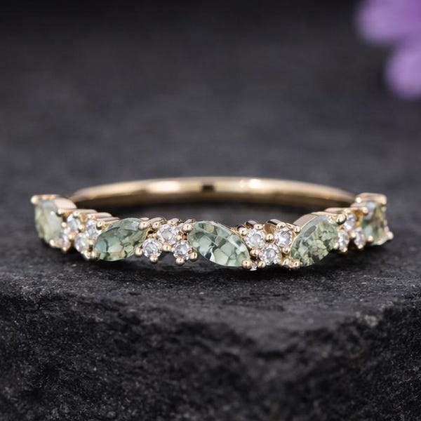 Anello a foglia in agata muschiata naturale, anello a vite verde marquise, delicata fede nuziale in oro, anello impilabile ispirato alla natura, regalo di promessa per lei