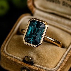 Green Blue Sapphire Engagement Ring, Emerald cut Teal Sapphire Engagement ring,vintage Unique  Stacking ring Solid Rose Gold Bridal ring