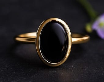 Oval Black Onyx Ring Solid Gold, Full Bezel Gemstone Ring, Minimalist Fine Jewelry, Dainty Statement Ring, Gift for Her, Promise Ring
