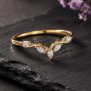 0.40 CTW Marquise Moissanite Chevron Ring, Lab Created Diamond Curved Wedding Band, Dainty Gold Stacking Ring