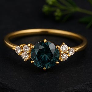 Teal Sapphire Engagement Ring Gold | Vintage Moissanite Ring | Unique Art Deco Ring | Oval Sapphire Ring | Custom Bridal Jewelry