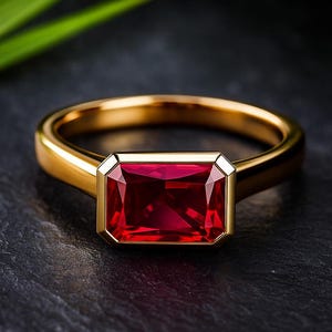 May include: A gold ring featuring a rectangular, deep red gemstone. The ring's band is polished gold, and the gemstone is set in a gold bezel. The ring is displayed on a dark, textured surface, with a blurred green leaf in the background.