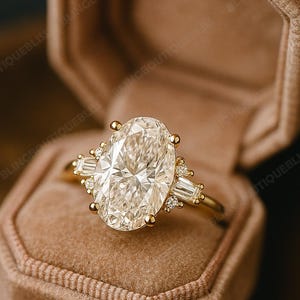 2 Ct Oval Moissanite Ring Vintage Round  Baguette Diamond Cluster Ring Brilliant Oval Moissanite Engagement Ring 14k Solid Gold Ring For Her
