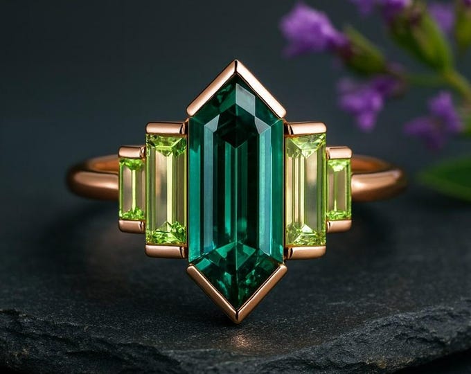 Vintage Art Deco Emerald Cut Green Tourmaline Peridot Ring, Unique Rose Gold Geometric Statement Ring, Luxury Gift for Women, Gift For Love