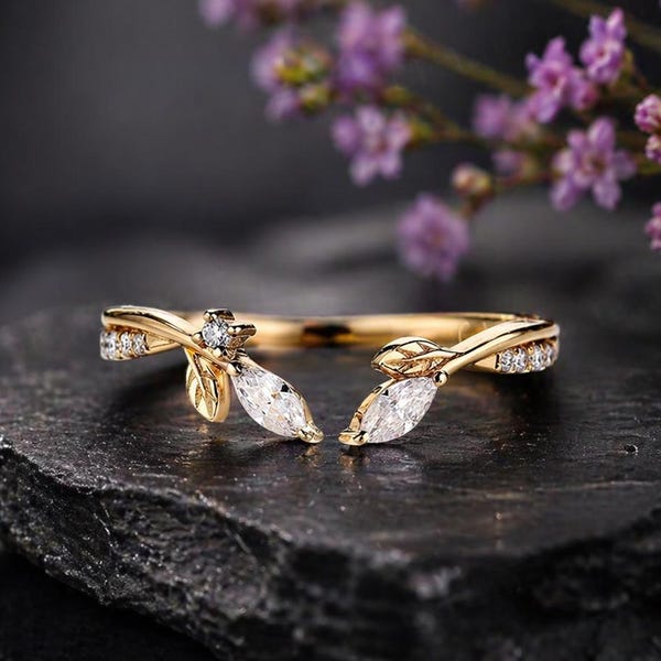 Unique Marquise Cut Moissanite Diamond Open Wedding Ring Gold Leaf Ring Wedding Band Handmade Ring Promise Ring Anniversary Gift for Her