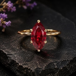 Marquise Ruby Engagement Ring, Solitaire Ruby Ring, Minimalist Gold Ring, July Birthstone Ring, Promise Ring for Women Gift For Love