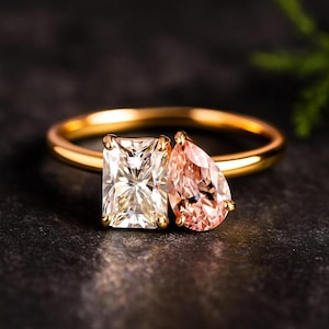 Toi et Moi Ring, Promise Ring, Engagement Ring, Two Stone Ring, Wedding Ring, Anniversary Gift, Gift for Her Pink Sapphire Moissanite Ring
