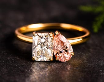Toi et Moi Ring, Promise Ring, Engagement Ring, Two Stone Ring, Wedding Ring, Anniversary Gift, Gift for Her Pink Sapphire Moissanite Ring