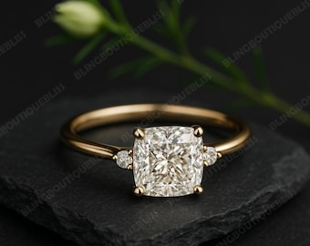 18K Solid Gold Solitaire Cushion Cut Moissanite Engagement Ring, Vintage Diamond Cluster Wedding Proposal Ring, Anniversary Gift for Wife