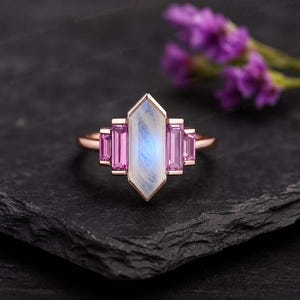 Natural Moonstone Hexagon and Pink Sapphire Baguette Ring Solid Gold or Silver, Art Deco Statement Ring, Fine Jewellery Gift for Her