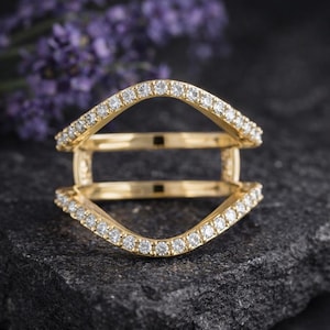 Enhancer Ring, Aggie Ring, 14K Solid Yellow Gold Ring, Enhancer Wrap Guard Ring, Round Colorless Moissanite Engagement Ring, Wedding Ring