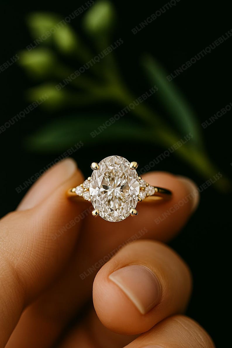 May include: A gold engagement ring with a large oval-cut diamond center stone and smaller accent stones on each side. The ring is held against a dark green background, highlighting the sparkle of the diamonds.