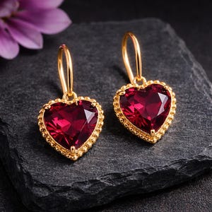 Rubinhjärtörhängen i guld, röda hjärtformade droppörhängen, 14K guldhängen, romantisk present till henne, alla hjärtans dag-smycken