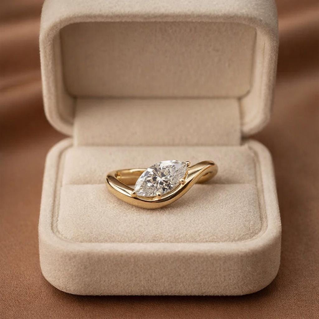 Marquise Cut Moissanite Engagement Ring: 14K Yellow Gold Wave Band - Etsy