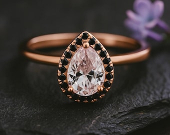 Pear Cut White Moissanite Ring with Black Diamond Halo, Rose Gold Engagement Ring, Unique Bridal Jewelry, Teardrop Wedding Ring Gift