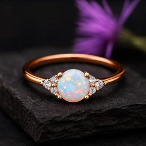 May include: Rose gold ring featuring a large, round opal center stone with iridescent colors. The ring is flanked by small, clear accent stones. The ring is set on a dark, textured surface, with a blurred purple flower in the background.