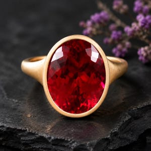 May include: A gold ring featuring a large, oval-cut, faceted red gemstone set in a smooth, matte-finish gold band. The vibrant red stone displays a complex geometric facet pattern that reflects light, contrasting with the warm, brushed gold metal.