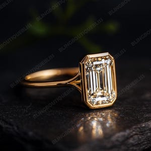 Emerald Cut Moissanite Solitaire Ring, 14K Solid Gold Minimalist Bezel Set Engagement Ring, Modern Classic Wedding Jewelry Gift For Her